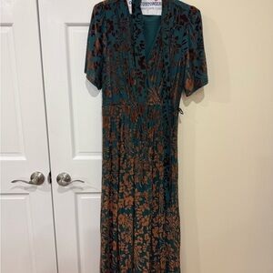 Baltic Born Orange and Yellow Sheath Maxi Dress with Flutter Sleeves and V-neck